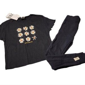 Zara Girl sz7 outfit Black Daisy short sleeve top ribbed charcoal leggings New